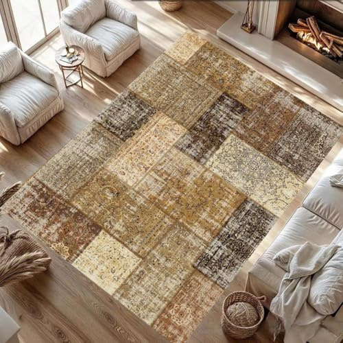 Alfombra de retazos pequeña de 70 x 140 cm, antideslizante, lavable a máquina, pelo corto, alfombra vintage para sala de estar, entrada, oficina, escritorio, mesita de noche, dormitorio, floral, beige