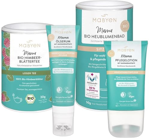 MABYEN Mama Schwangerschafts-Set – Pflegelotion 150 ml mit Silikonaufsatz, Ölserum 125 ml gegen Dehnungsstreifen, Bio Himbeerblättertee 30 g & Heublumen Sitzbad 50 g – vegane Naturkosmetik Geburtsvorb