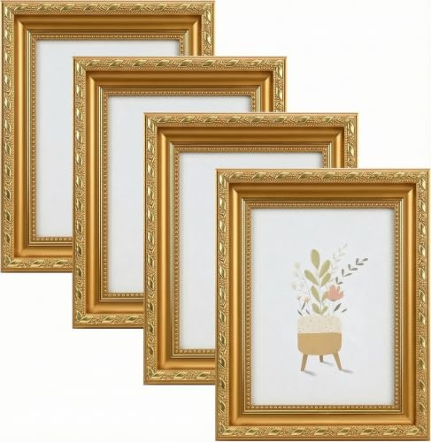 SIMDAO 4 Stück Goldene Bilderrahmen - Vintage Aufwendig Bilderrahmen Set, Klassische Goldrahmen Fotorahmen zum Aufstellen und Aufhängen für Fotos im Format 10 x 15 cm Hochzeiten und Wohnaccessoires