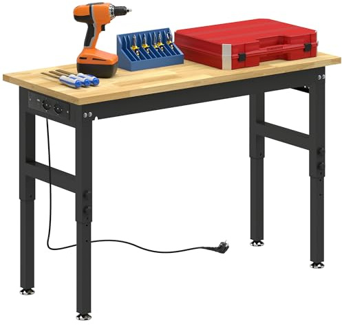 HOMCOM Banco da Lavoro Garage in Legno di Caucciù, Tavolo da Lavoro 5 Altezza Regolabile 84-99 cm, Pannello Forato, 2 Prese AC, Porta USB e Type-C, Capacità 900 kg, per Officina e Casa, 122x51x99 cm
