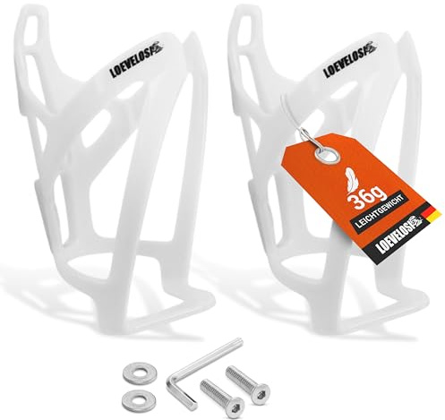 LOEVELOSI Flaskhållare Cykel Vit 2-pack – Dryckeshållare 36 g | Dubbelpack: 2 ultralätta flaskhållare (36 g) för racercykel, MTB, Gravel & E-cykel - för flaskor 7,5–10,5 cm