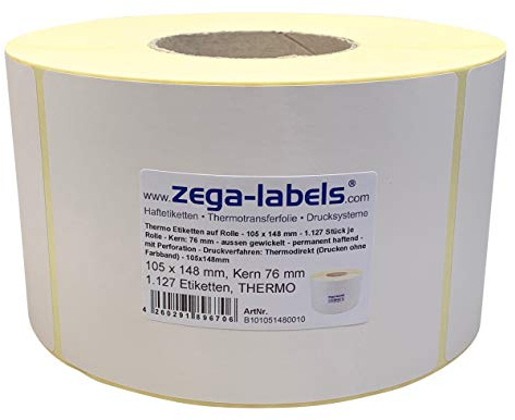 Thermo Etiketten auf Rolle - 105 x 148 mm - 1.127 Stück je Rolle - Kern: 76 mm - aussen gewickelt - permanent haftend - mit Perforation - Druckverfahren: Thermodirekt (Drucken ohne Farbband)