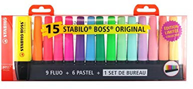 Stabilo - Set da scrivania 15 evidenziatori Boss, colori 9 fluo e 6 pastello