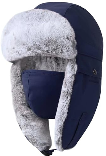 GADIEMKENSD Winter Trapper Hat for Men Warm Russian Ushanka for Women Snow Ski Hunting Trooper Hat with Ear Flaps Chin Strap Windproof Mask Faux Fur Aviator Warm Hat Gifts Cold Weather Caps Blue XL
