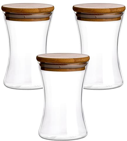 gouveo 3er Set Vorratsgläser 265 ml aus Borosilikatglas -konkav- mit Deckel - Aufbewahrungsgläser, Glasbehälter, Gewürzgläser, Glasdosen, Vorratsdose