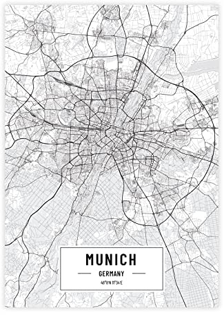 Petra Pan Städteposter München in schwarz-weiß · Wandbild mit Stadtplan · DIN A3 (29,7x42cm) · als Deko oder Geschenkidee · Var. F