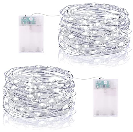 5M 50 LED Lichterketten Batterie Timer, Micro Drahtlichterkette IP65 Wasserdichte Kupferdraht Lichterkette für Zimmer Party Garten Weihnachten Halloween Hochzeit Deko DIY (2 Stück, Kaltweiß)