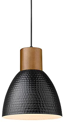 ELYONA Industrial Hammered Pendant Light 7” Small Solid Wood Hanging Lamp with Hammered Metal Shade, Farmhouse Pendant Light Fixtures for Kitchen Island, Dining Room, Bedroom, Office, Modern Black