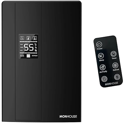 MONHOUSE Deshumidificateur - Reservoir De 2200 Ml - Telecommande, Mode Veille Et Degivrage Affichage Led, Minuterie 24 H Et Arret Automatique - Ultra Silencieux - Noir