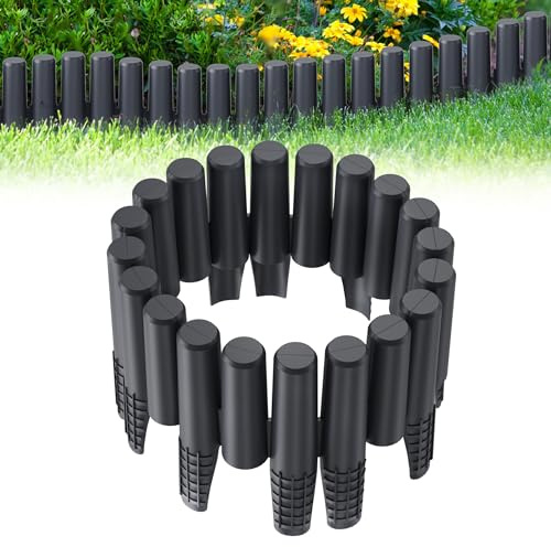 XMTECH Rabattkant, träutseende, 5,6 m, trädgård, rabattkant, rabattinfattning, klippkant, palisad av plast, trädgårdspalissad, trädgårdsstaket, antracit, 1 element (L x H): 28 x 24,5 cm, 20 stycken