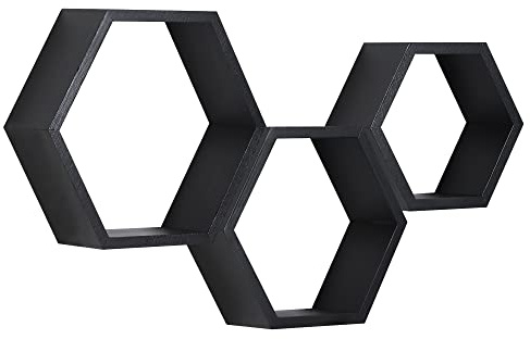 MITREL Hexagon Wandregal, Wohnzimmer Deko Wand, Holz Hängeregal für Schlafzimmer, 3er-Set(Schwarz)