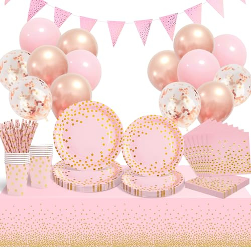 Party Tableware Pink and Gold 20 Guests Paper Tableware Set, Paper Plates Napkins Cups Straws Tablecloth Balloons for Wedding Engagement, Baby Shower, Kids Girls Birthday Party Supplies Decorations