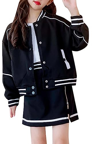 Pulli Kinder Mädchen Kinder, Mädchen-Langarmjacke und einfarbiger A-Linien-Rock, Baseball-Trainingsanzug Jogginghose Mädchen 146 (Black, 11-12 Years)