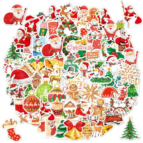 Rtinle 100 stück Weihnachtsaufkleber,Selbstklebend Weihnachts Sticker,Glitzer Geschenkaufkleber Etiketten Sticker,für Dekoration DIY Scrapbooking Weihnachts Geschenk Verpackung