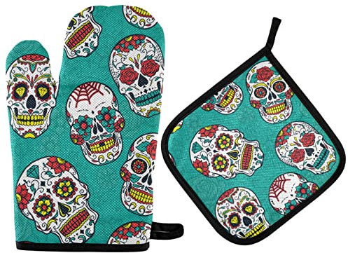 Oven Mitts Set Sugar Skull Pot Holders Day of The Dead Mexican Kitchen Oven Glove Baking Mitts 2PCS Cooking Stove Gloves Potholders Heat Pads for Grilling BBQ