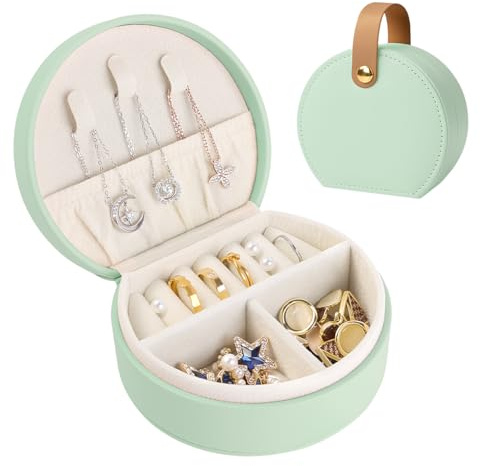 BELICOO Smyckeskrin, resesmyckeskrin för kvinnor, mini smyckeskrin, organiserare, PU-läder, smycken, presentask för ringar, örhängen, halsband för kvinnor, flickor – ljusgrön