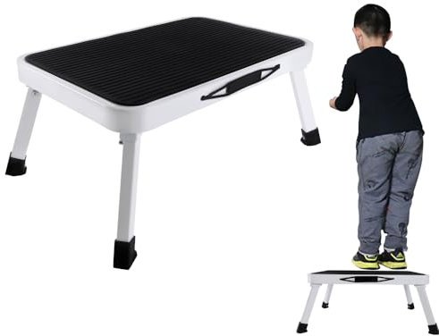 Marche Pied Pliable 1 Marches, Escabeau 1 Marches, Escabeau Pliable, Métal, Blanc/Noir, d'une capacité maximale de 150 kg
