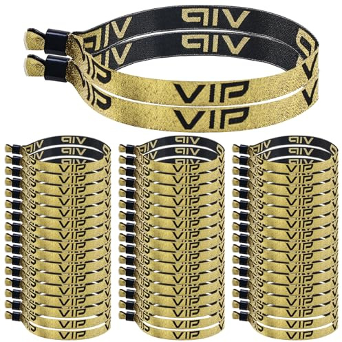 GOMETY VIP Braccialetti in Tessuto: 50 Pezzi Braccialetti VIP Dorati e Neri, Impermeabili e Riutilizzabili per Concerti, Feste, Festival (Lunghezza 17cm, Larghezza 1.5cm)