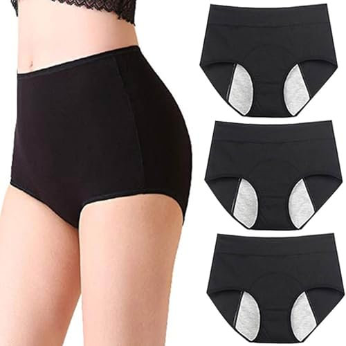 WDCAYQHZ Periodenunterschwäsche,Inkontinenz Unterwäsche Damen, Menstruationsunterwäsche Baumwolle, 3Er Pack(Black,L)