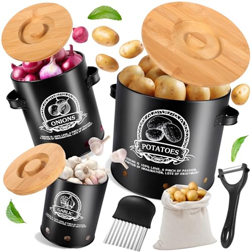 ZHHGOO Lot de 3 boîtes de rangement pour pommes de terre et oignons avec éplucheur, boîte de rangement avec système de ventilation à 360°, ombrage, garde les légumes frais plus longtemps, noir