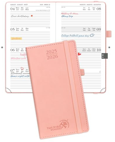 POPRUN Agenda De poche 2025 2026 Semainier 16,5 x 9 cm D'Août 2025 à Déc 2026-17 Mois Petit Planner Scolaire, Couverture Rigide en PU Cuir avec Intervalle Horaire, Papier 80g/m², Rose