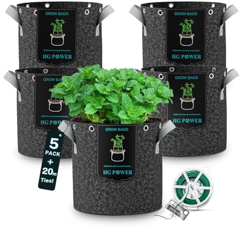 HG Power Pflanzsack 12L (11L + 10% Mehrvolumen), 5 Stück Stofftopf inkl. 20m Pflanzendraht, Ø25cm, Höhe 25cm – 350g/m² Vliesstoff, Reißfest, Erhöhte Erträge, Ideal für Kräuter Gemüse Obst