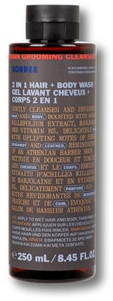 KORRES ATHENIAN GROOMING Champú y gel de ducha 2 en 1 para hombre, hidratante y desenredante, con notas tonificantes de bergamota fresca y cuero, sin siliconas ni parabenos, 250 ml.