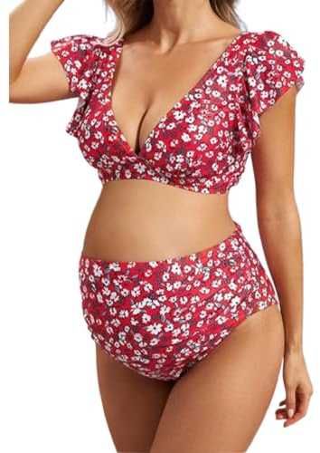 KINLYBO Conjunto de bikini de maternidad de 2 piezas estampado con cuello en V dividido para embarazo, rosso, L