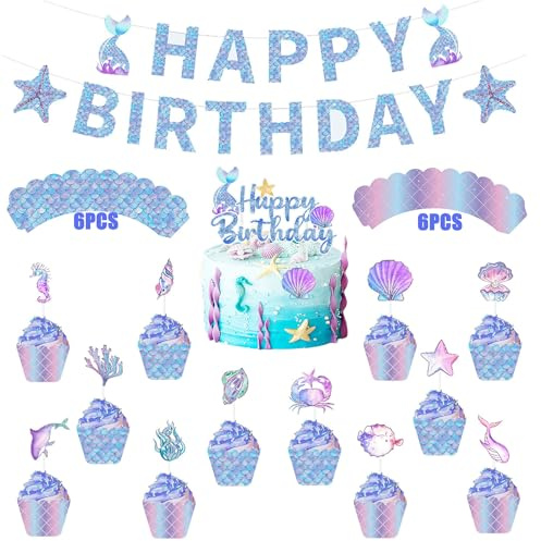 Silars Tortendeko Meerjungfrau Geburtstag Mädchen, 26 Stücke Tortenaufleger Meerjungfrauen, Includes Ein Cake Topper Meerjungfrau, 12 Stk Cupcake Topper, Girlanden und 12 Stk Cupcake Toppers Wrappers
