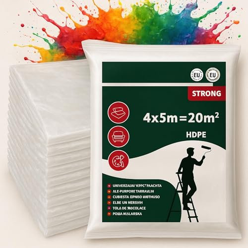 PLAYZOCO Cubiertas de lona multiuso, Plástico cubretodo, Plástico Protector Para Cubrir Muebles y Suelos, Para interior y exterior, 4 x 5 metros (20 m2), Grosor 10 micras, Contiene 12 unidades
