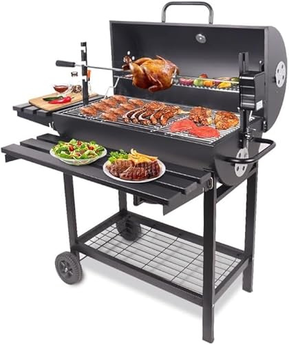 Outdoor Charcoal BBQ Grill with Rotisserie, Side Table & Wheels – Deluxe Garden Barbecue