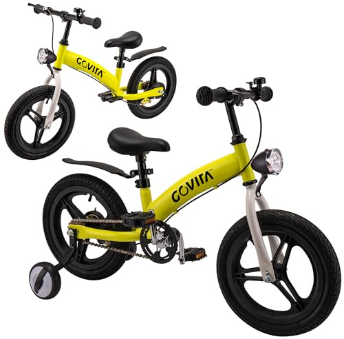 GOVITA Bicicletta 3 in 1, bicicletta 14 pollici bambini da 3 a 5 anni, Bici senza pedali per bambini fino 30kg Resistente e leggera Manubrio e sella regolabili, con cavaletto e rotelle (Bianco/Giallo)