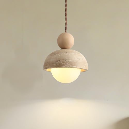 kaixunl Lampada a sospensione in travertino giallo Wabi-Sabi giapponese, paralume in pietra naturale con lampada a sospensione in legno G9, illuminazione nordica mini per isola cucina sala da pranzo
