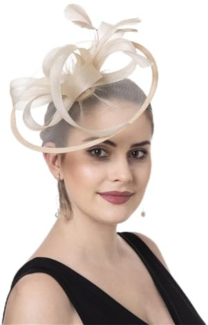 amangul Fascinator for Women Hair Clip Hat Feathered Bows Veil Hair Accessory Fashion Hairpiece for Wedding Party Special Event(Champagne)