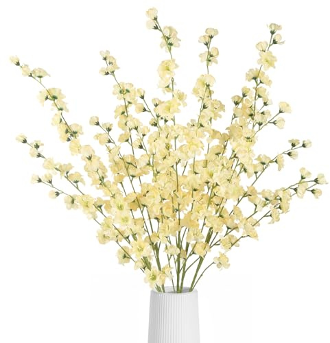 ICBOX 5pcs Champagne Artificial Delphinium Flowers 43.3 Inch Tall Fake Silk Flowers Larkspur Artificial Flowers for Wedding Centerpiece Home Party Garden Outdoor Decor(Champagne)