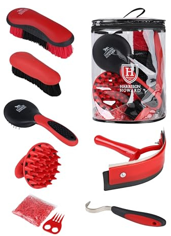 Harrison Howard Horse Grooming Kit, 7 Piece Horse Brush Set with Curry Comb, Hoof Pick, Sweat Scraper & Bag Red