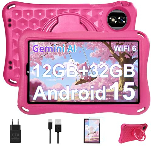 Tablet Bambini 9 Pollici Android 15 Tablet con Gemini AI, 12GB RAM+32GB ROM/TF 2TB, Octa-Core, 2.0GHz, 5G WiFi 6, BT5.0, 8+5MP,5000mAh,Widevine L1,Parentale Controllo Tablets con Eva Caso-Rosa