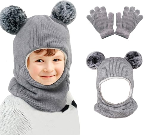 NAVESO Mütze Schal Handschuhe Set Kinder, Wintermütze Handschuhe Set Kinder, Kleinkind Baby Wintermütze Set Winter Jungen Mädchen, Warme Süße Strickmütze für Kinder Baby 2-7 Jahre