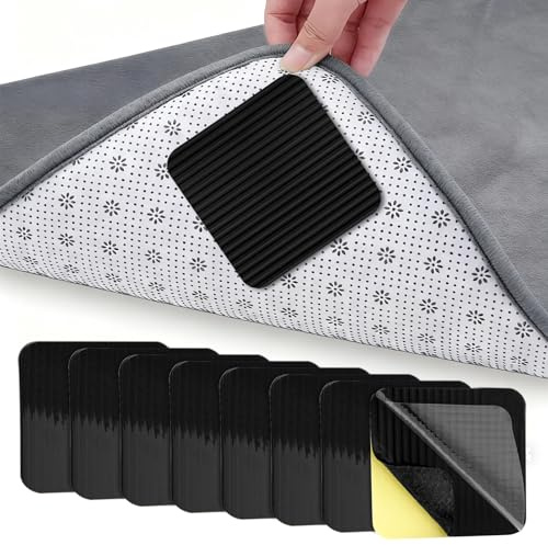 NINGYER 8 Pezzi Antiscivolo per Tappeti, 10 x 10 cm Tappeto Gripper, Lavabile e Riutilizzabile Adesivi Antiscivolo per Tappeti, per Soggiorni, Camere da Letto, Cucine, Tappeti (Nero)