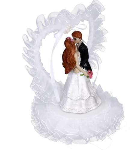 HIAKDOFT Brautpaar Figuren Tortendeko Hochzeit Harz Kuchenornament Mit Herzform Tüll Handbemalte Tortenfigur Für Hochzeitstorte Desserttischschmuck Und Hochzeitsdeko