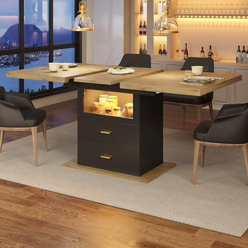 Gxffipw Esstisch Ausziehbar Küchentisch mit Schubladen und LED Licht für 4-6 Personen, Esszimmertische mit Stauraum, Esszimmertisch Ausziehbar Esszimmermöbel, Holzfarbe+Schwarz, 110-140x80x75 cm