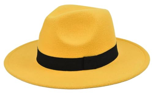 AZIDWERYQ Fedora-mössor för män kvinnor klassisk brett brätte gul Fedora-hatt med bältesdekor solskydd medelstorlek lätt att matcha för daglig användning, utomhus, resehatt