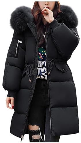 Caxndycing Giacca invernale da donna, calda, giacca leggera con cappuccio con colletto in pelliccia sintetica invernale, antivento, trapuntata, giacca invernale per il pane, giacche parka, Nero , XXL