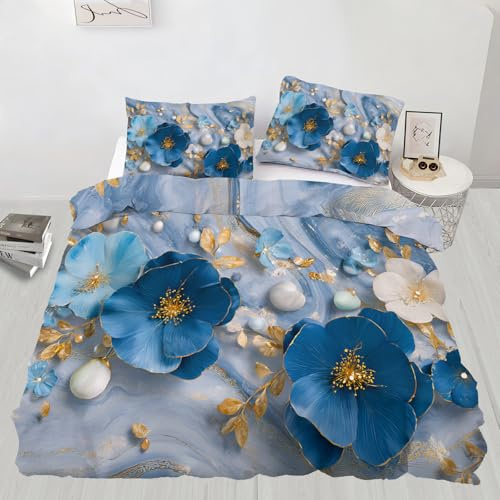 QDJKBL Floral Duvet Cover, Light Luxury Floral Bedding Set, Navy Blue Flowers Comforter Cover, Soft Microfiber 3D Flower Print 3-Piece Duvet Covers With Pillow Shams Single 137x200cm