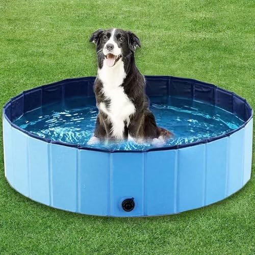 Hopfällbar hundpool, Oxford Cloth Pet Pool & Ta en dusch 2-i-1, Antisladd med vattenutlopp, Portabel för små medelstora husdjur, Inomhus utomhusbruk Blue 160×30cm