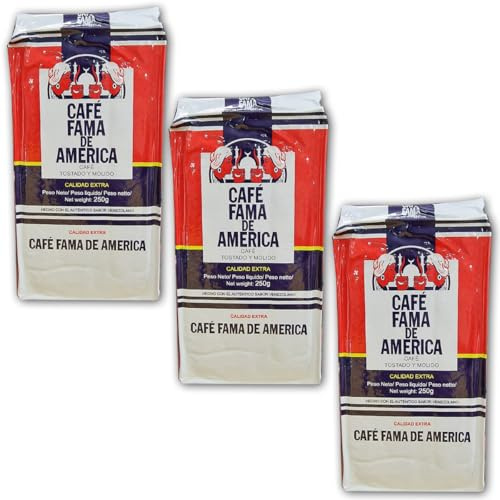 Café Fama de América Molido Venezolano – Pack de 3 x 250 g (750 g) | Café Tostado y Molido Tradicional de Venezuela | Aroma Intenso y Sabor Fuerte | Ideal para Cafetera Italiana, Filtro o Prensa