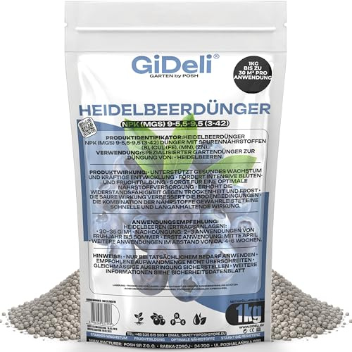 GiDeli Heidelbeerdünger 1 kg - Hortensiendünger & Rhododendron Dünger | ideal für einzelne Sträucher und Kübel, mit Magnesium und Schwefel, nährt bis zur Ernte, streufertiges Korn