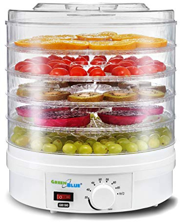 Green Blue GB190 Food Dryer Fruit Dehydrater Timer Mushroom Vegetable Fruit Dryer Power 250W Very Quiet High Sieve 4,5cm UK Plug