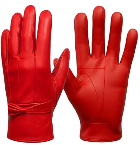 SixSigma Sports Ladies Winter Driving Leather Gloves Women - Quick Dry Soft Fleece Lined Thermal Gloves Womens Perfect For Driving Glove's - Ideal Gifts For Women (Red, Small/Medium)