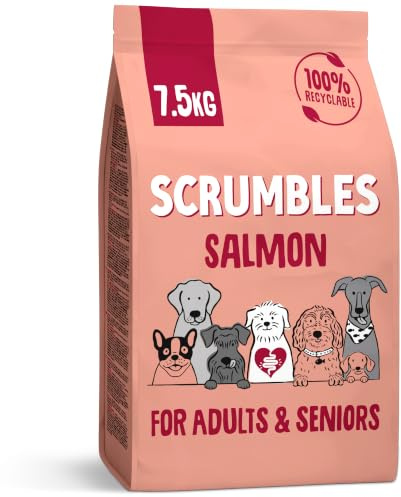 Scrumbles • Dry Dog Food • Hypoallergenic • All Lifestages • Salmon • 7.5kg Bag • Natural Complete Adult Recipe • Gut Friendly Prebiotics & Probiotics • Gluten Free • Joint Care